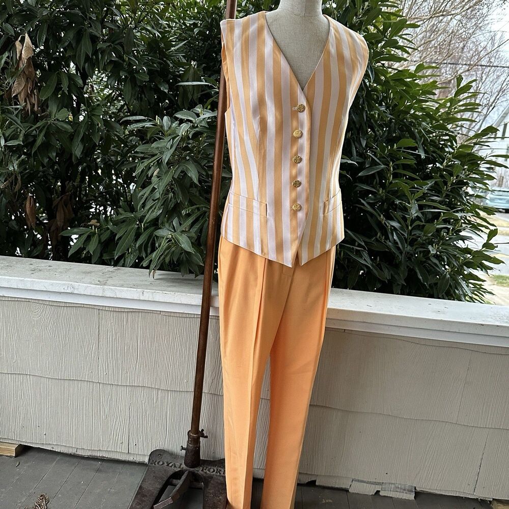 Escada Margaretha Ley Silk Vest Pants Set Size 40 Vintage 90s Striped Suit